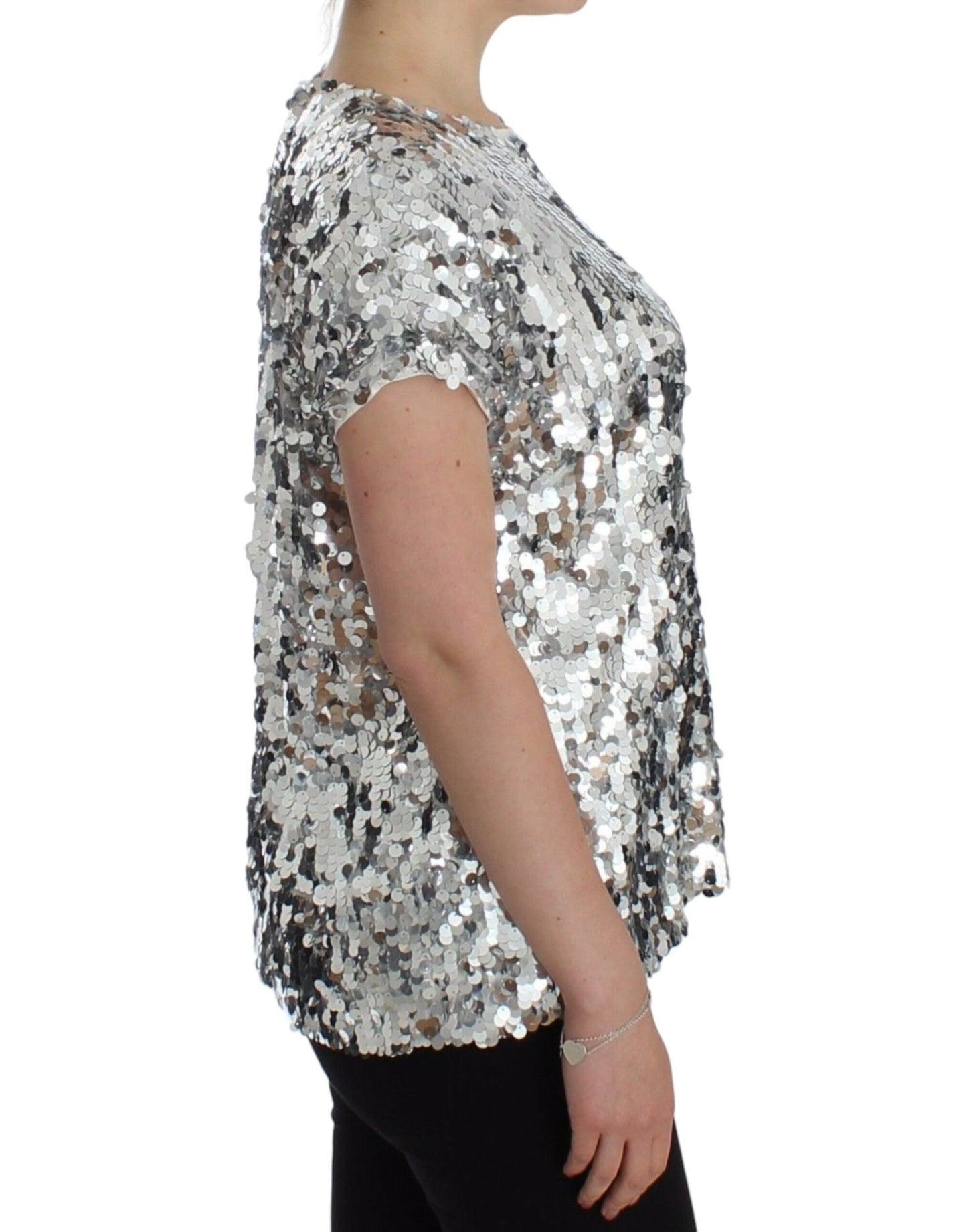 Haut T-shirt Blouse Dolce & Gabbana Paillettes Argentées Ras-du-cou