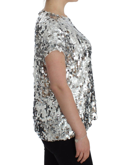 Haut T-shirt Blouse Dolce & Gabbana Paillettes Argentées Ras-du-cou