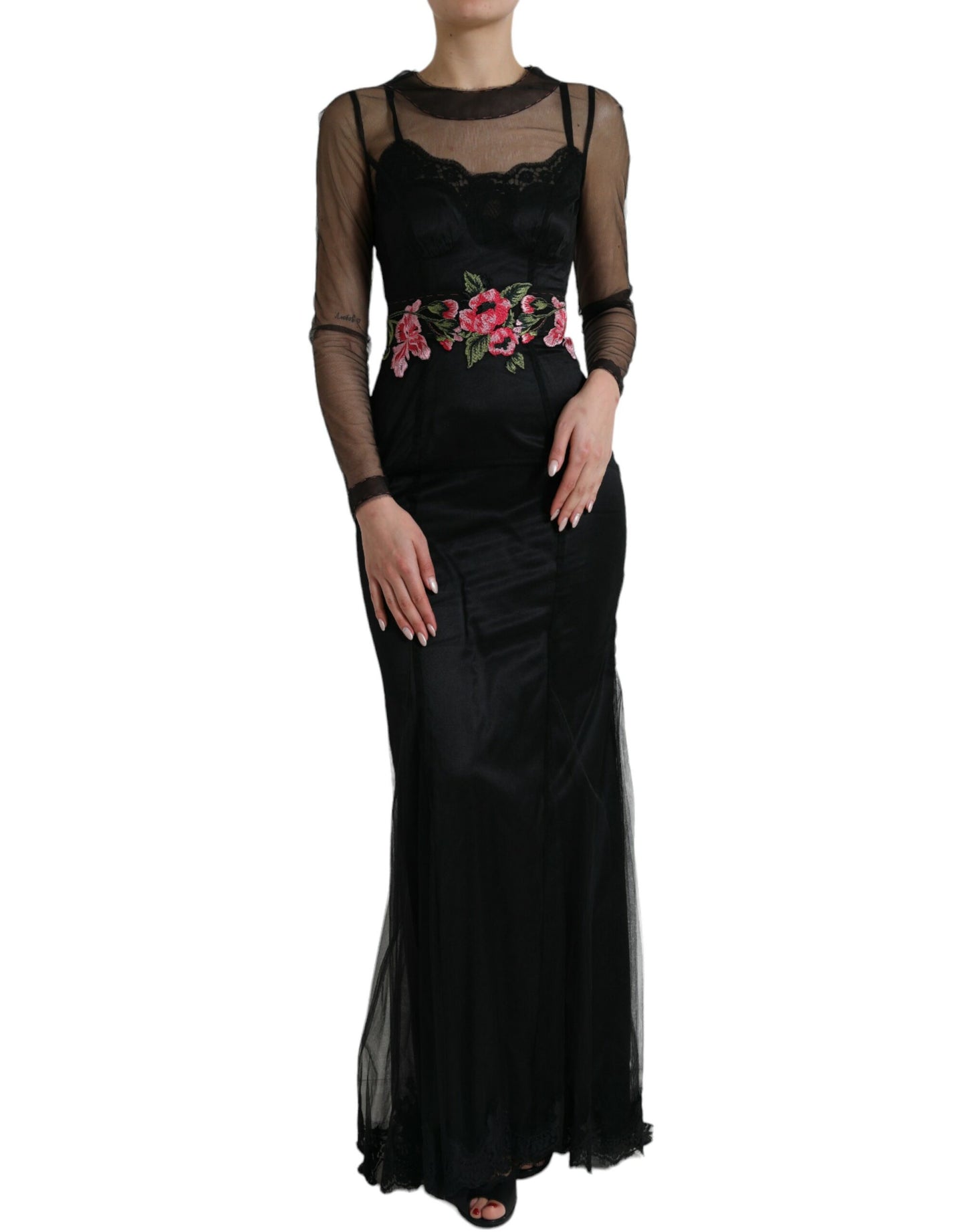Robe de soirée Dolce & Gabbana en tulle brodé de fleurs noires
