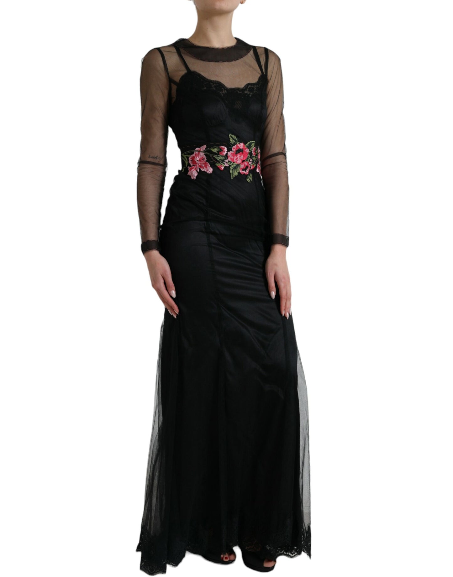 Robe de soirée Dolce & Gabbana en tulle brodé de fleurs noires