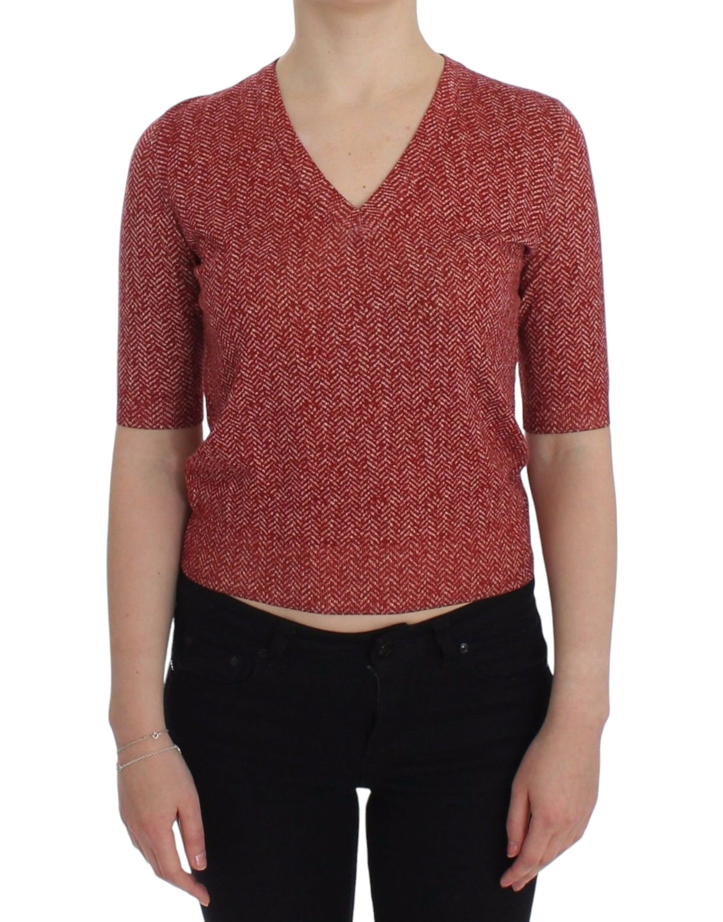 Pull court à manches courtes en tweed de laine rouge Dolce & Gabbana