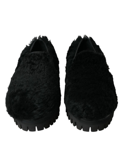 Chaussures habillées de type mules en cuir et fourrure noires Dolce & Gabbana