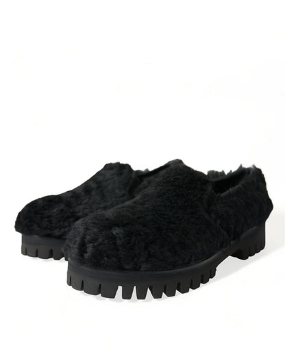 Chaussures habillées de type mules en cuir et fourrure noires Dolce & Gabbana