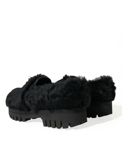 Chaussures habillées de type mules en cuir et fourrure noires Dolce & Gabbana