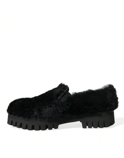Chaussures habillées de type mules en cuir et fourrure noires Dolce & Gabbana