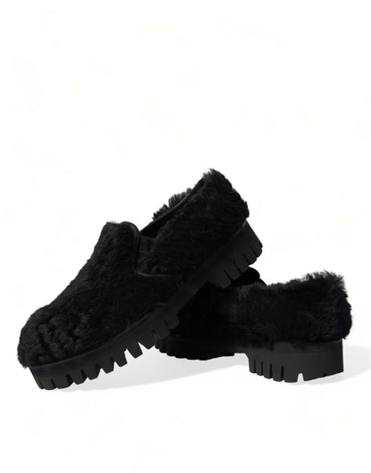 Chaussures habillées de type mules en cuir et fourrure noires Dolce & Gabbana