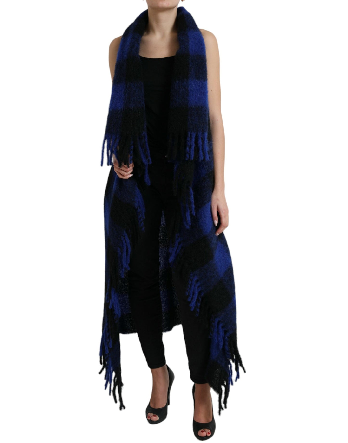 Manteau-poncho/pull à carreaux vichy noir et bleu Dolce & Gabbana