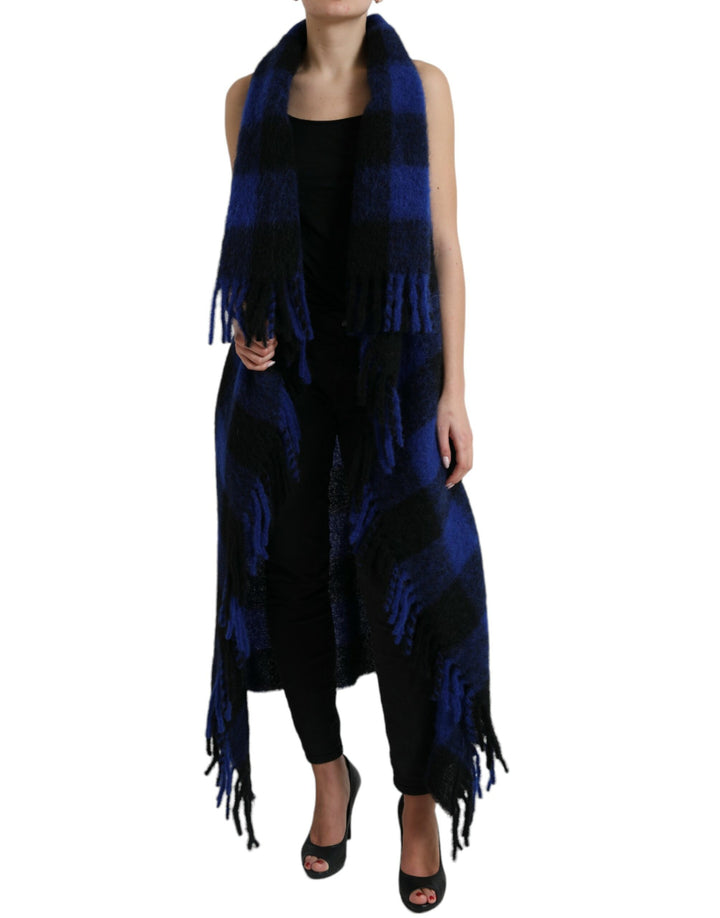 Manteau-poncho/pull à carreaux vichy noir et bleu Dolce & Gabbana