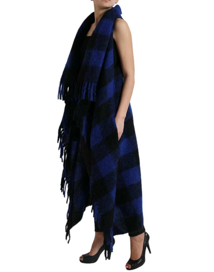 Manteau-poncho/pull à carreaux vichy noir et bleu Dolce & Gabbana