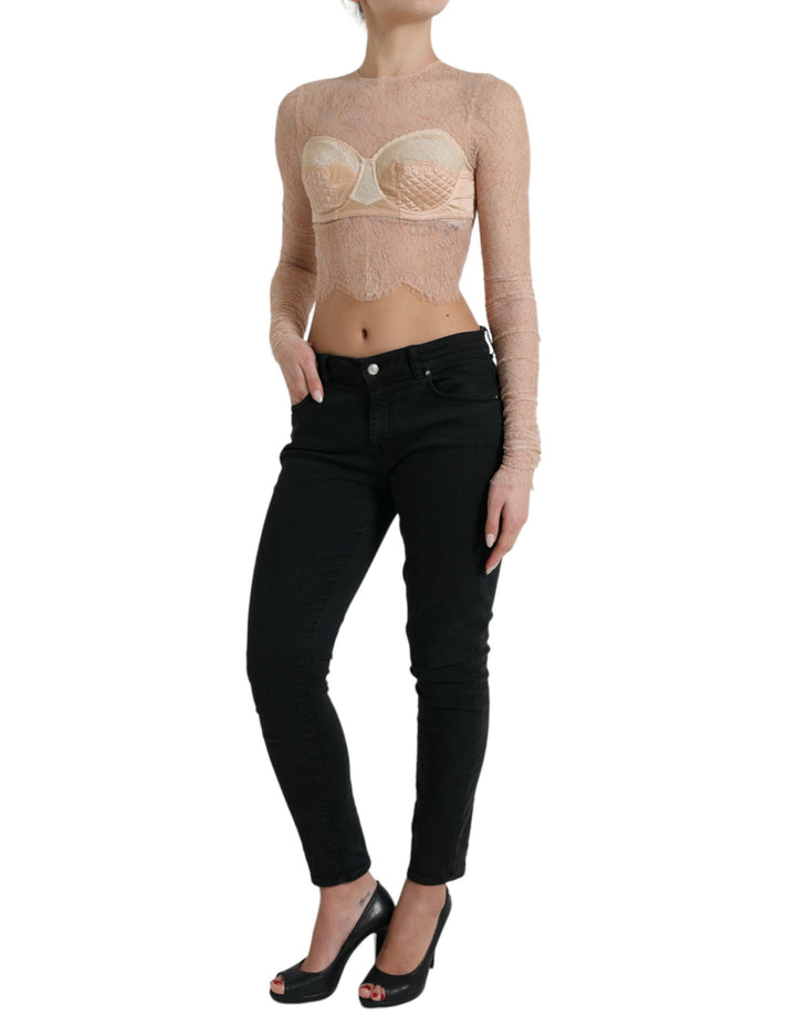 Haut court bustier en nylon beige et dentelle florale Dolce & Gabbana