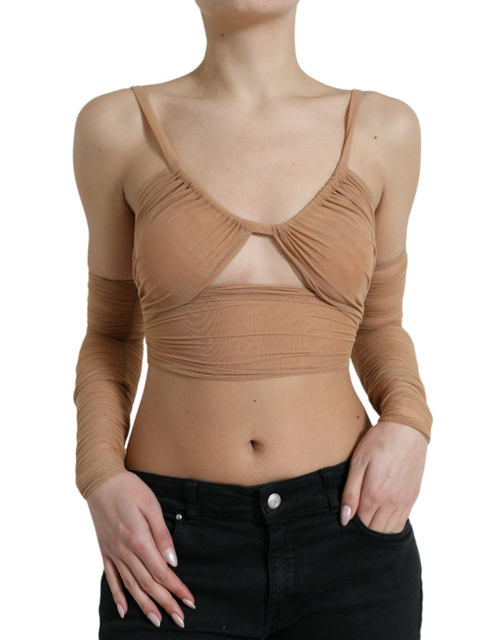 Top court Dolce & Gabbana en nylon stretch marron à épaules dénudées