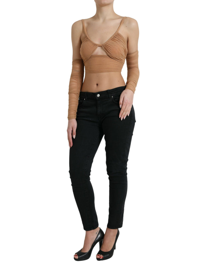 Top court Dolce & Gabbana en nylon stretch marron à épaules dénudées