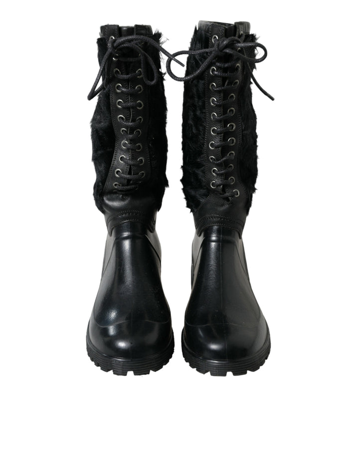 Bottes de pluie Dolce & Gabbana en caoutchouc noir fourrées en peau lainée à lacets