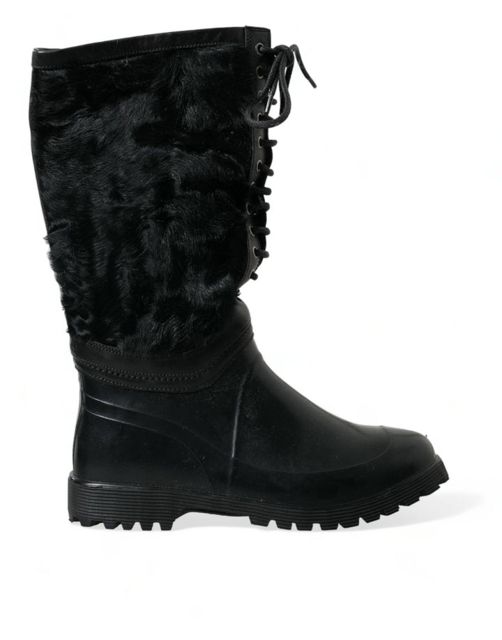 Bottes de pluie Dolce & Gabbana en caoutchouc noir fourrées en peau lainée à lacets