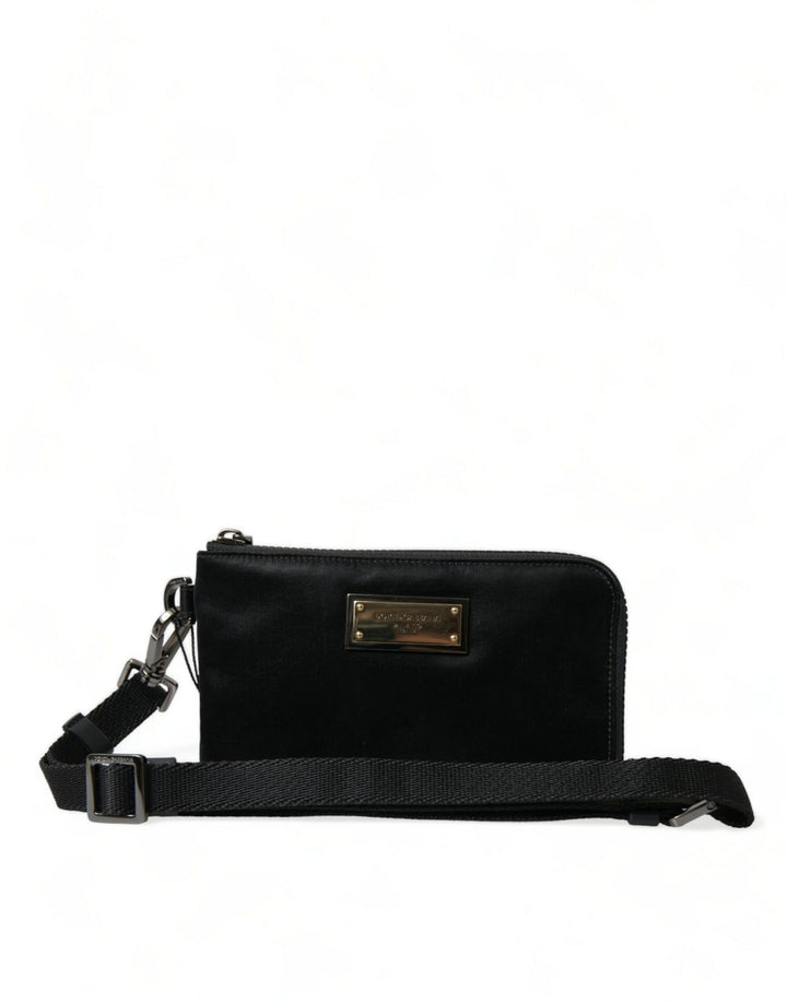 Dolce & Gabbana Pochette Zippée en Nylon Noir avec Logo et Porte-Clés