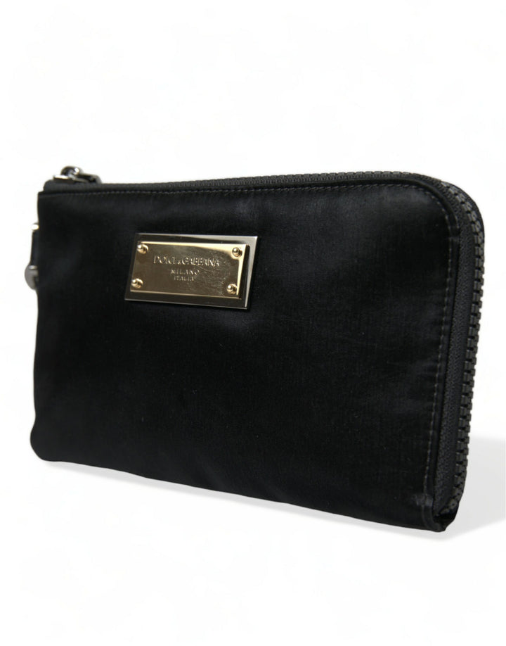 Dolce & Gabbana Pochette Zippée en Nylon Noir avec Logo et Porte-Clés