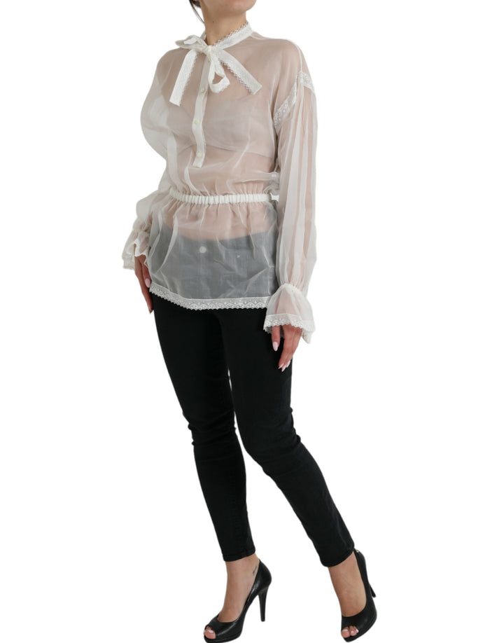 Top à manches longues en soie blanche et col lavallière Dolce & Gabbana