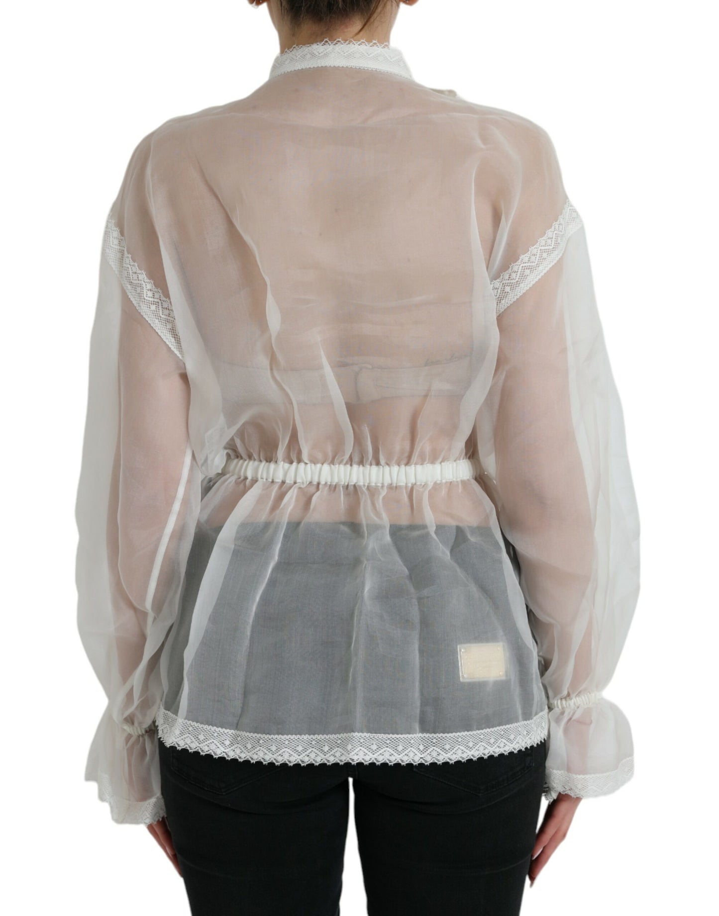 Top à manches longues en soie blanche et col lavallière Dolce & Gabbana