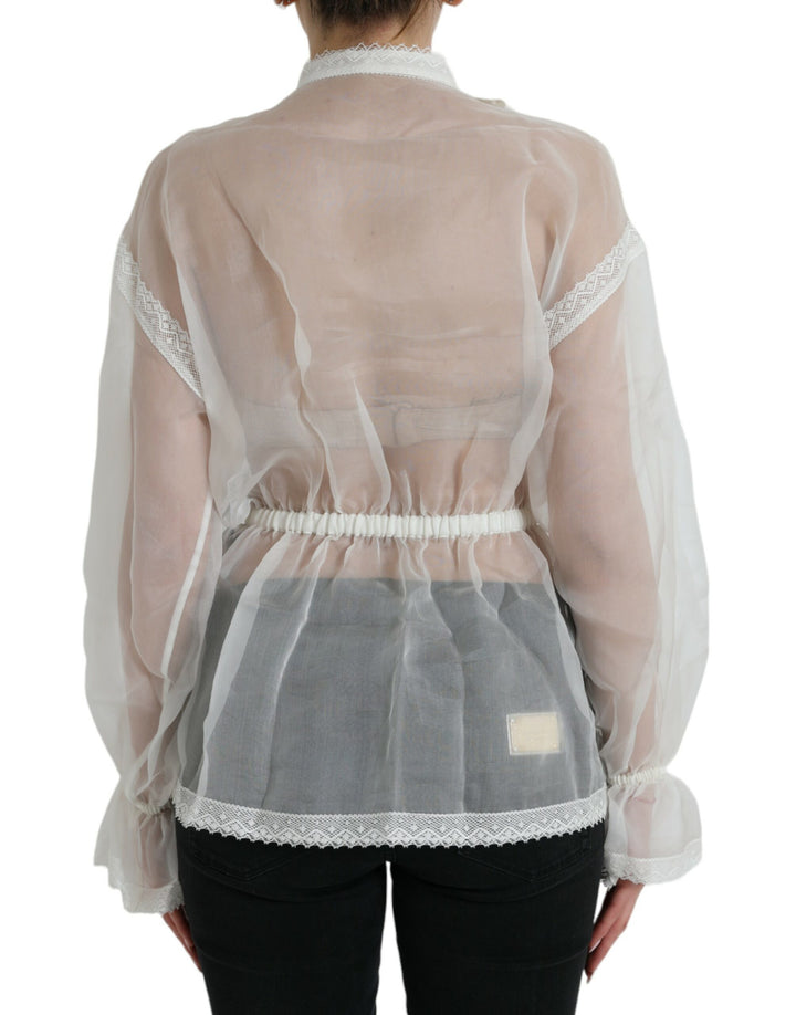 Top à manches longues en soie blanche et col lavallière Dolce & Gabbana