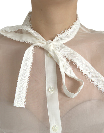 Top à manches longues en soie blanche et col lavallière Dolce & Gabbana