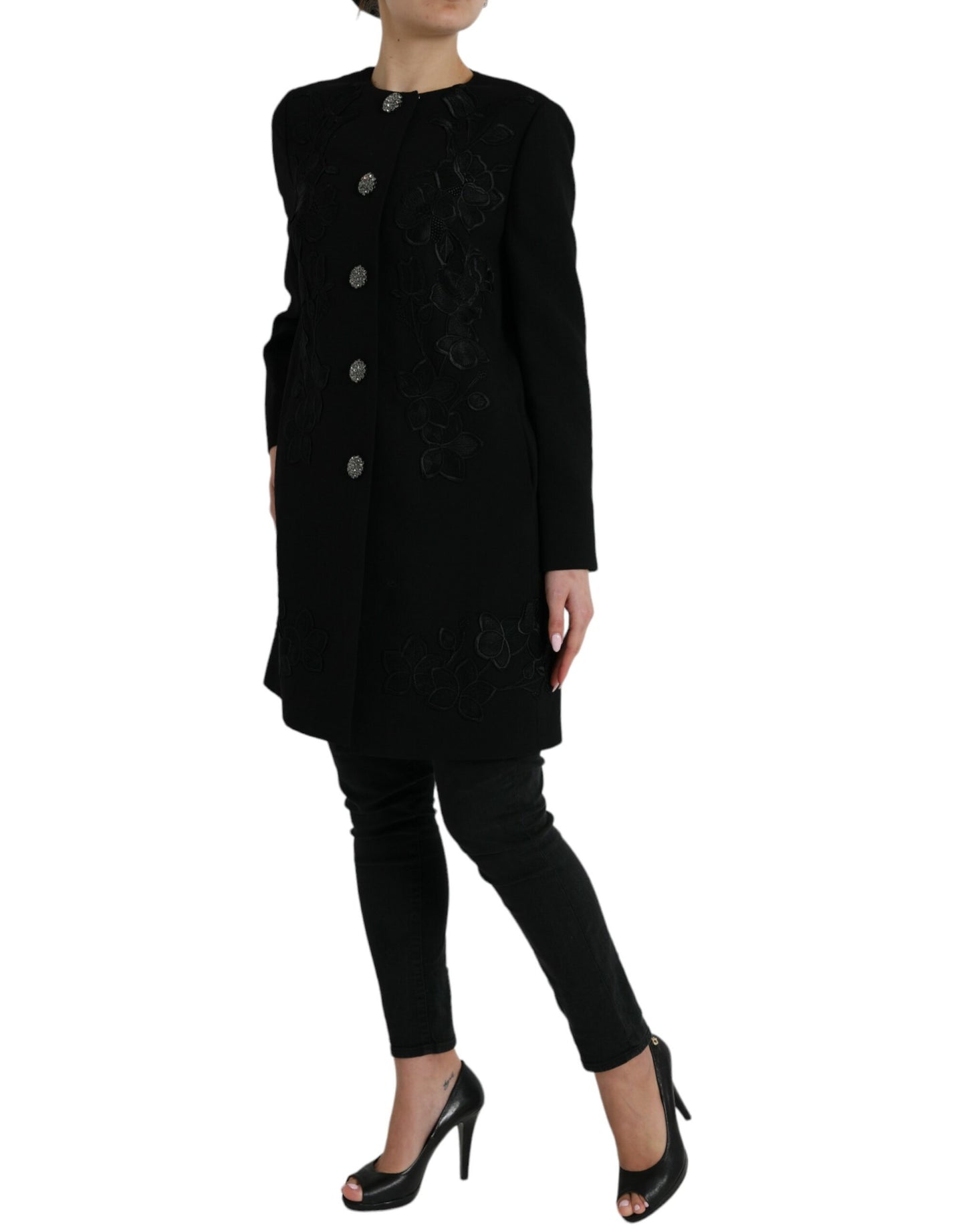 Veste en laine noire ornée de fleurs et de boutons Dolce & Gabbana