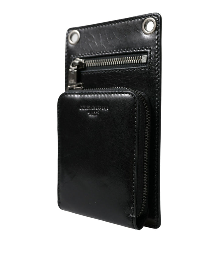 Cartera Dolce & Gabbana de piel de caballo negra con cremallera, logotipo y ranura para teléfono cruzada