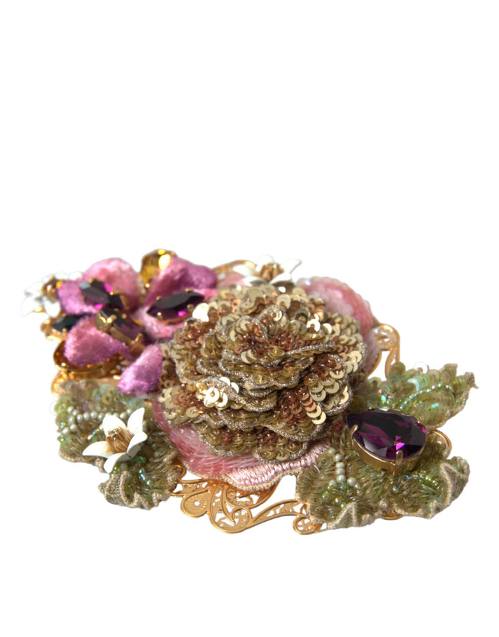 Pince à Cheveux Dolce & Gabbana Dorée en Laiton Ornée de Fleurs, de Cristaux et de Sequins