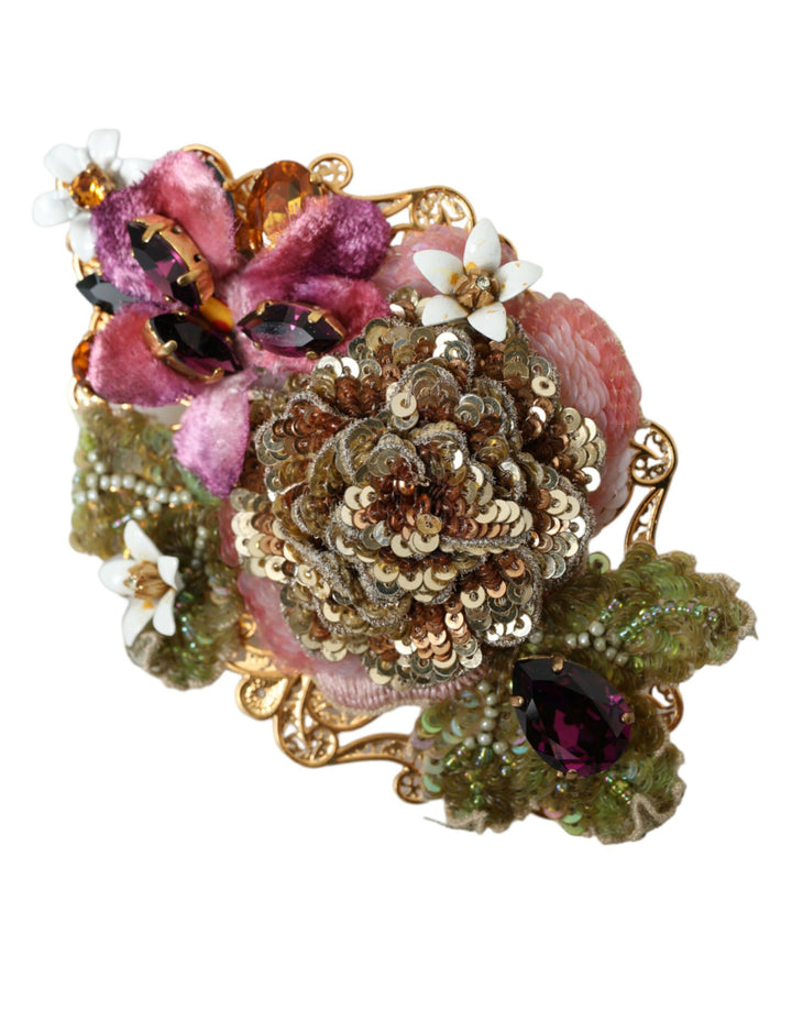 Pince à Cheveux Dolce & Gabbana Dorée en Laiton Ornée de Fleurs, de Cristaux et de Sequins