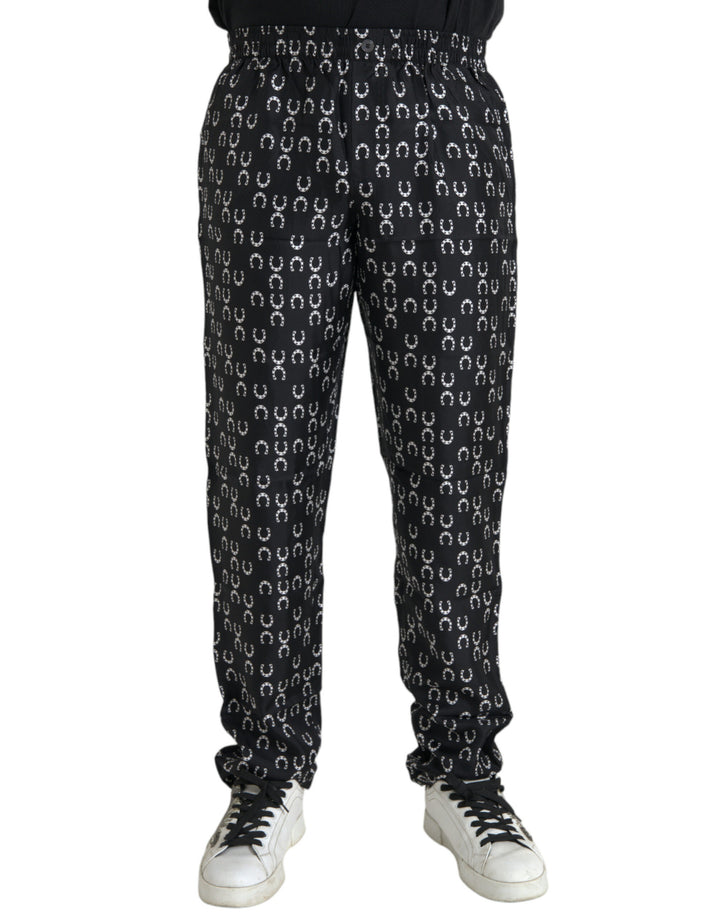 Pantalon en Soie Noir Imprimé Fer à Cheval Dolce & Gabbana