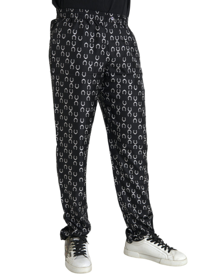 Pantalon en Soie Noir Imprimé Fer à Cheval Dolce & Gabbana