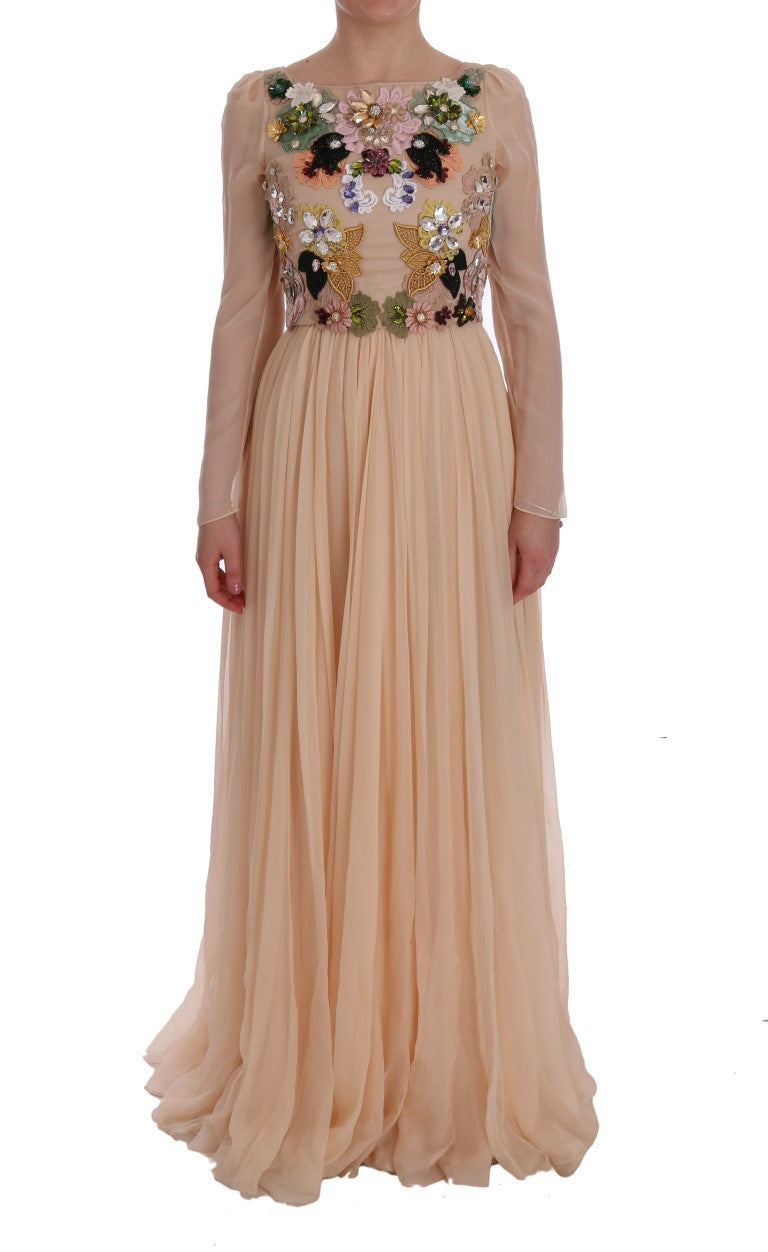 Robe longue en soie rose à fleurs et cristaux Dolce & Gabbana