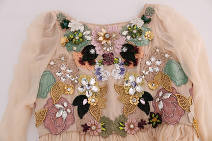 Robe longue en soie rose à fleurs et cristaux Dolce & Gabbana