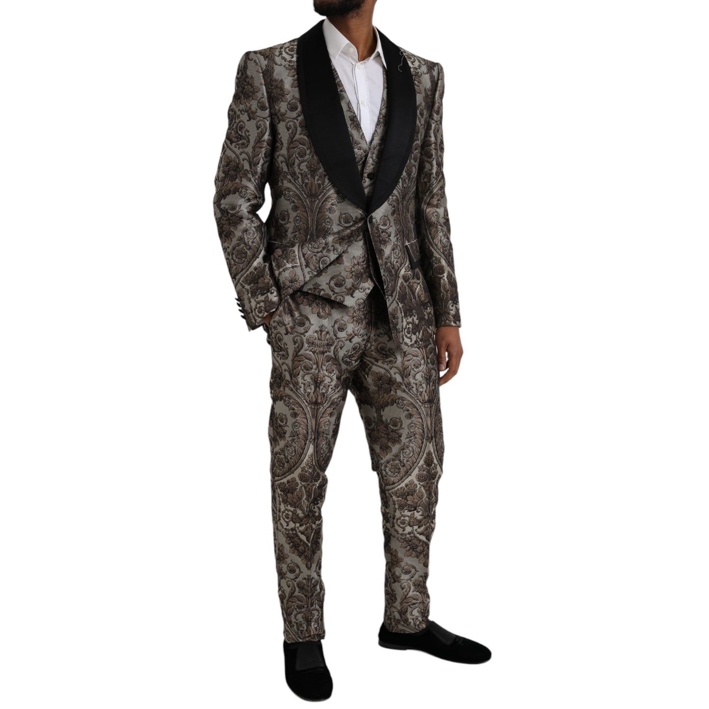 Traje Formal de 3 Piezas de Jacquard Floral Marrón Dolce & Gabbana