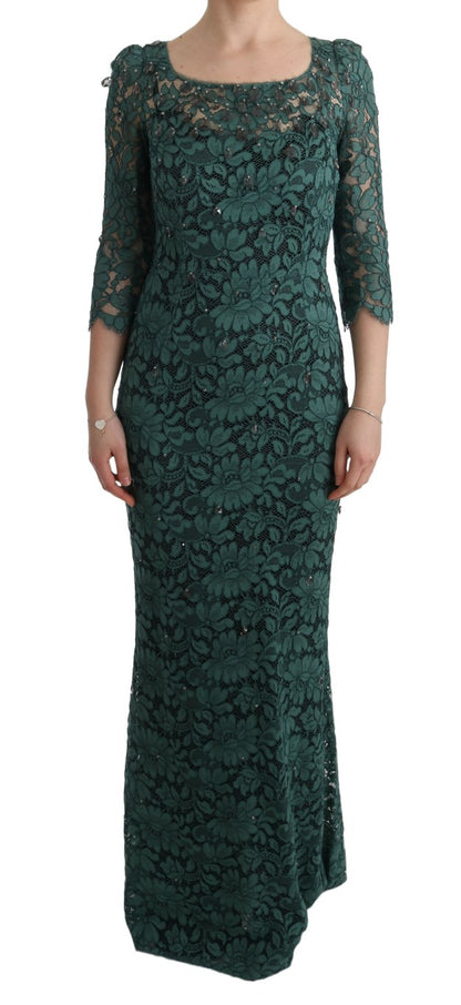 Robe fourreau Dolce & Gabbana verte fleurie Ricamo ornée de cristaux