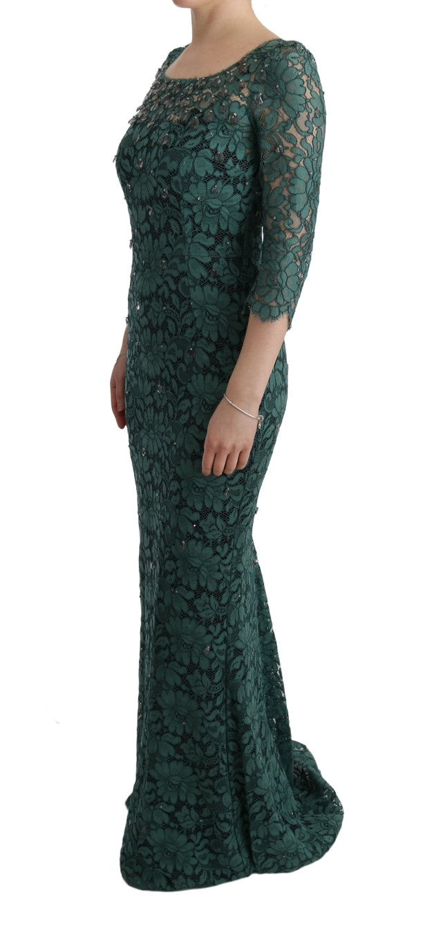 Robe fourreau Dolce & Gabbana verte fleurie Ricamo ornée de cristaux