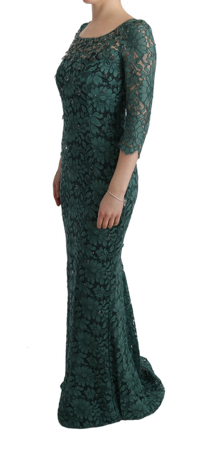 Robe fourreau Dolce & Gabbana verte fleurie Ricamo ornée de cristaux