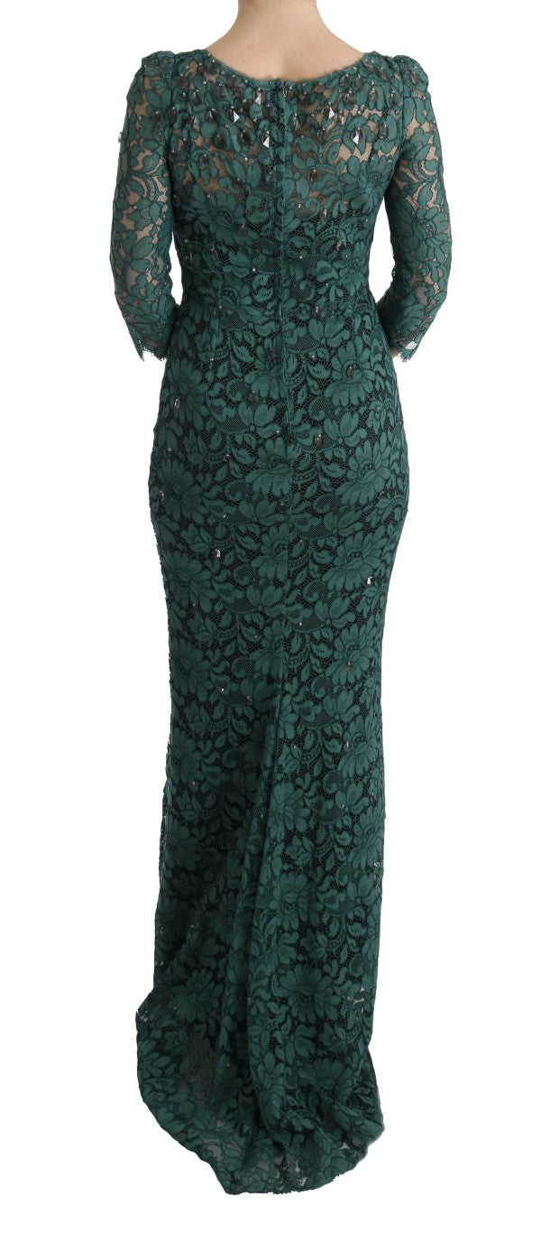 Robe fourreau Dolce & Gabbana verte fleurie Ricamo ornée de cristaux