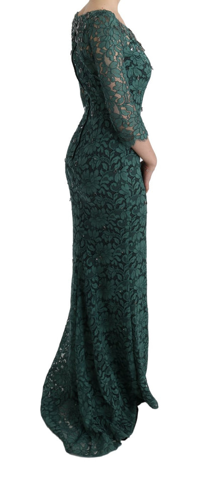 Robe fourreau Dolce & Gabbana verte fleurie Ricamo ornée de cristaux