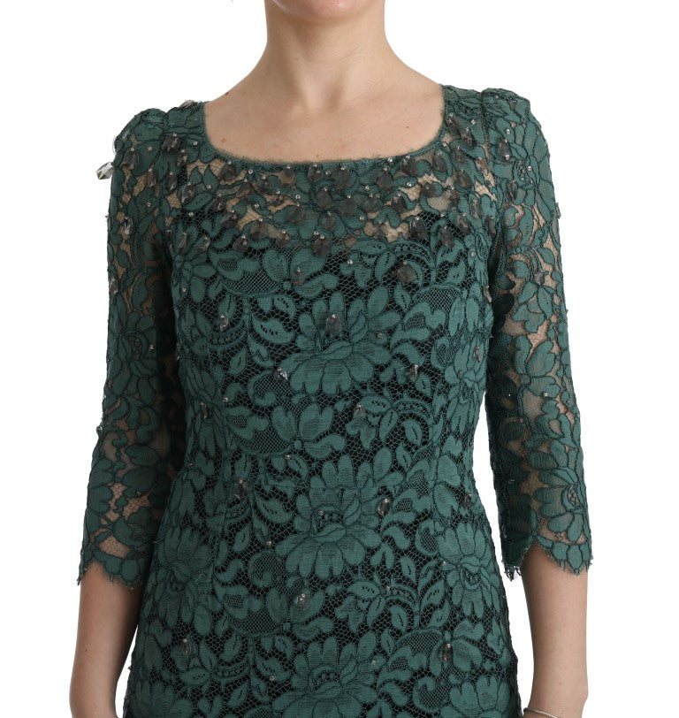 Robe fourreau Dolce & Gabbana verte fleurie Ricamo ornée de cristaux