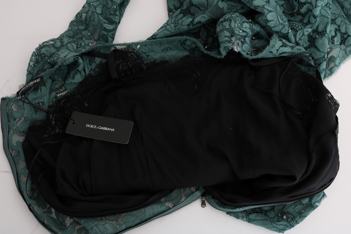 Robe fourreau Dolce & Gabbana verte fleurie Ricamo ornée de cristaux