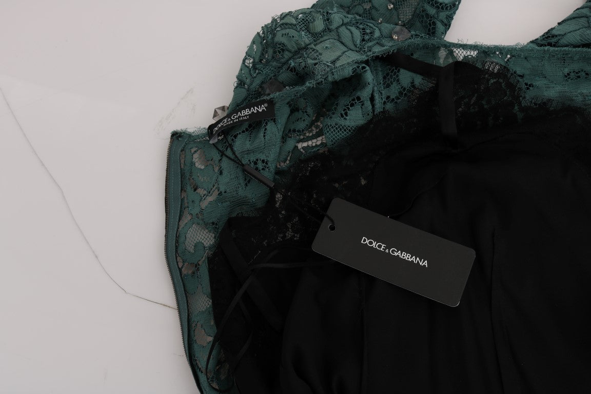 Robe fourreau Dolce & Gabbana verte fleurie Ricamo ornée de cristaux