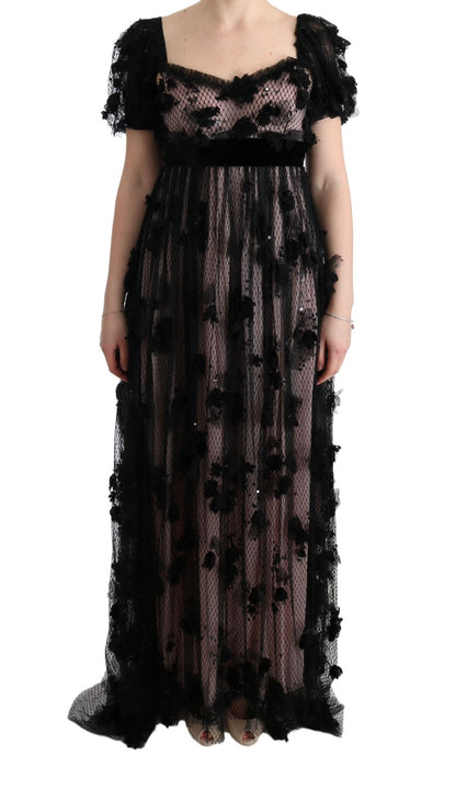 Robe droite en soie noire et rose avec applications Dolce & Gabbana
