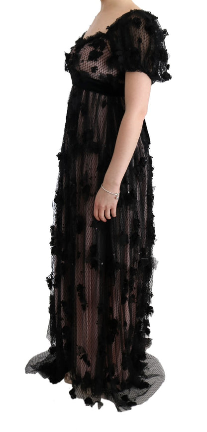 Robe droite en soie noire et rose avec applications Dolce & Gabbana