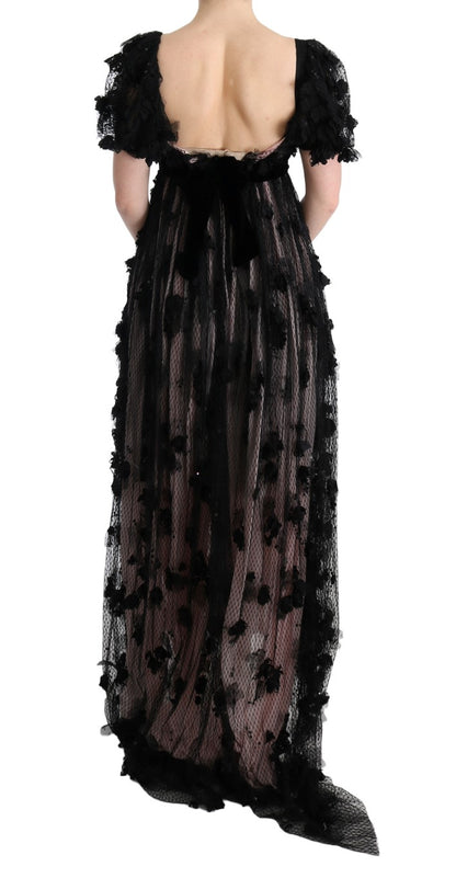 Robe droite en soie noire et rose avec applications Dolce & Gabbana