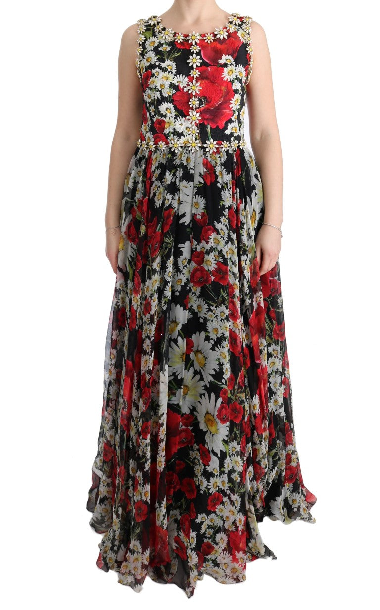 Robe longue maxi en soie multicolore à fleurs et cristaux Dolce & Gabbana