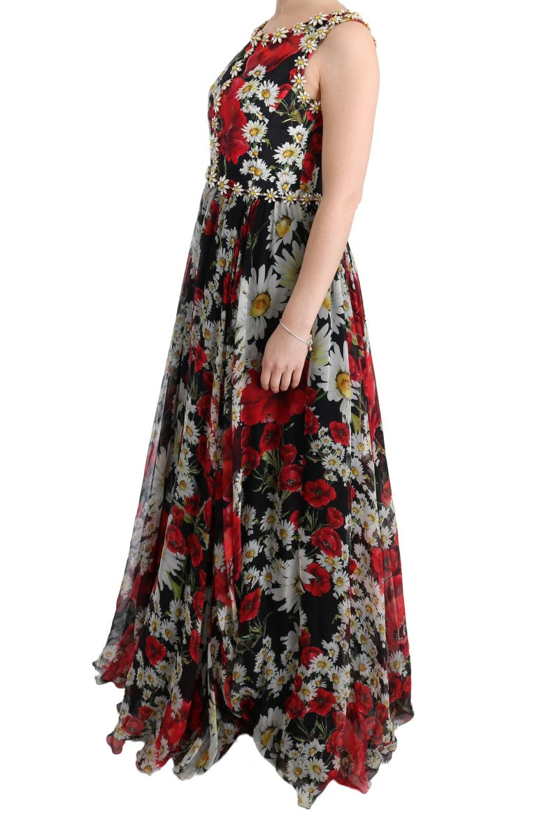 Robe longue maxi en soie multicolore à fleurs et cristaux Dolce & Gabbana