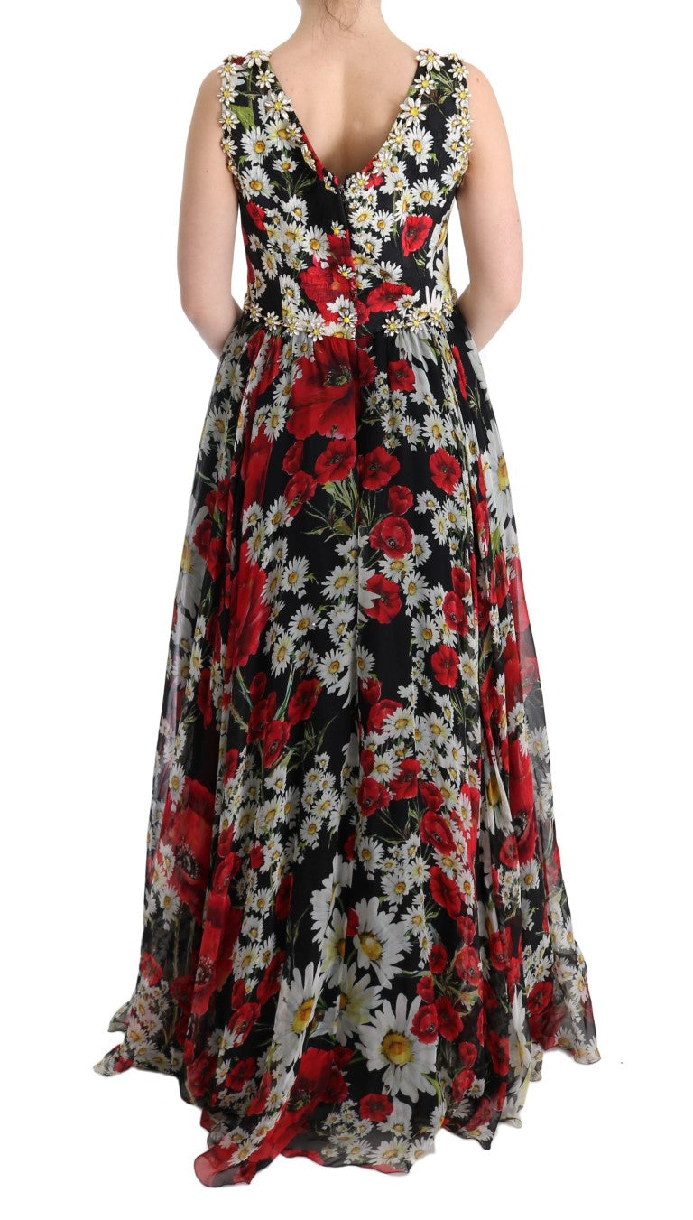 Robe longue maxi en soie multicolore à fleurs et cristaux Dolce & Gabbana