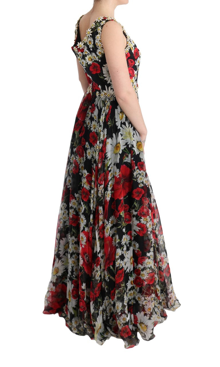 Robe longue maxi en soie multicolore à fleurs et cristaux Dolce & Gabbana