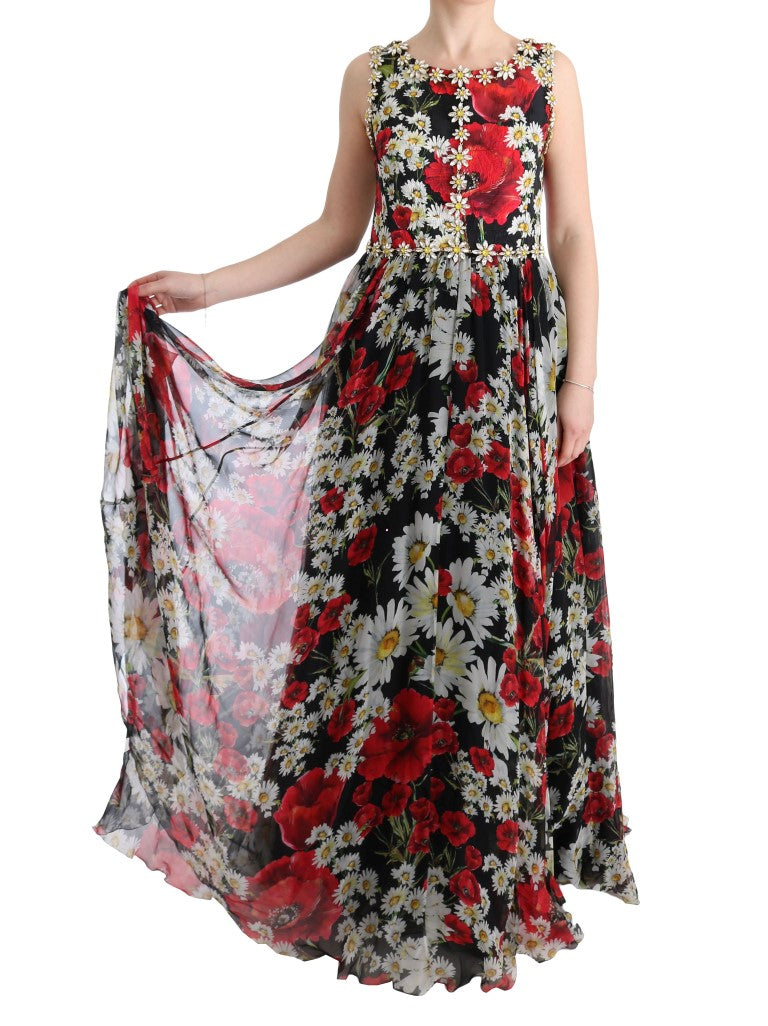 Robe longue maxi en soie multicolore à fleurs et cristaux Dolce & Gabbana