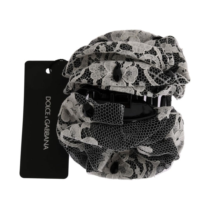 Pince à Cheveux Dolce & Gabbana en Cristal, Dentelle et Motif Floral Noire et Blanche